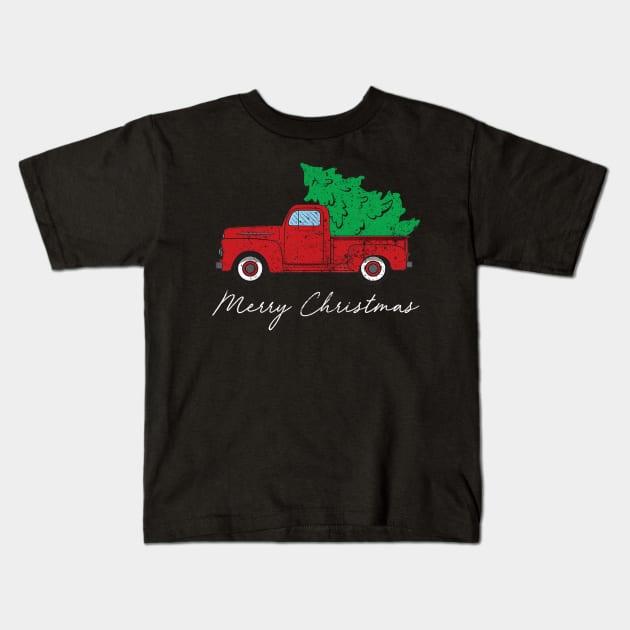 Merry Christmas Retro Vintage Red Truck Kids T-Shirt by Kimko